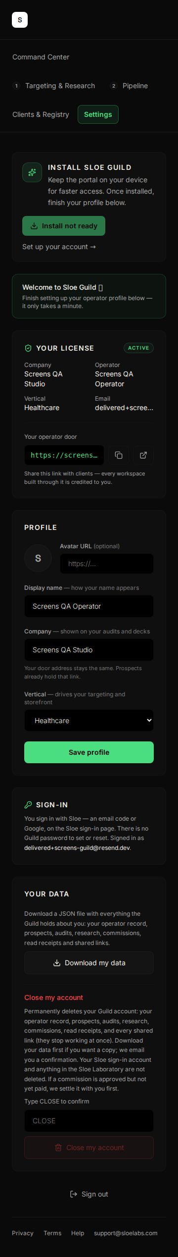 Settings — mobile screen